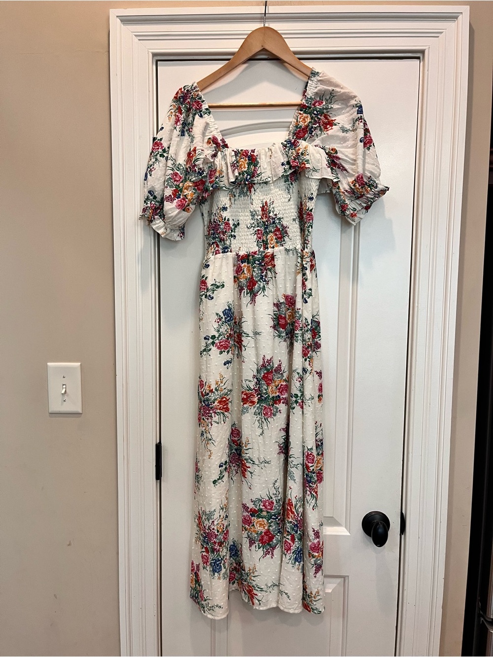WAYF Smocked Floral Midi Dress in Ivory